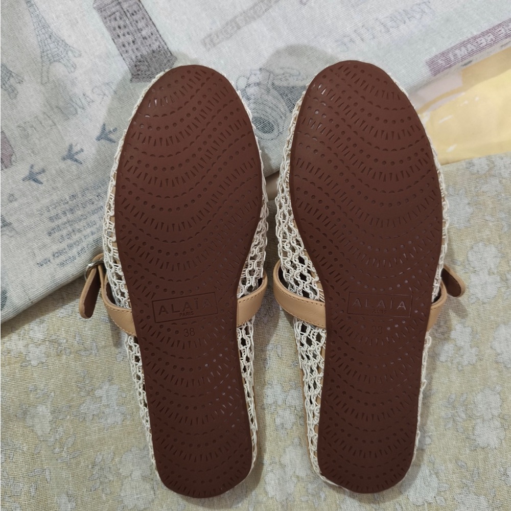 Alaia Cream Woven Mary Jane Flats with Tan Leather Trim - Picture 6 of 6